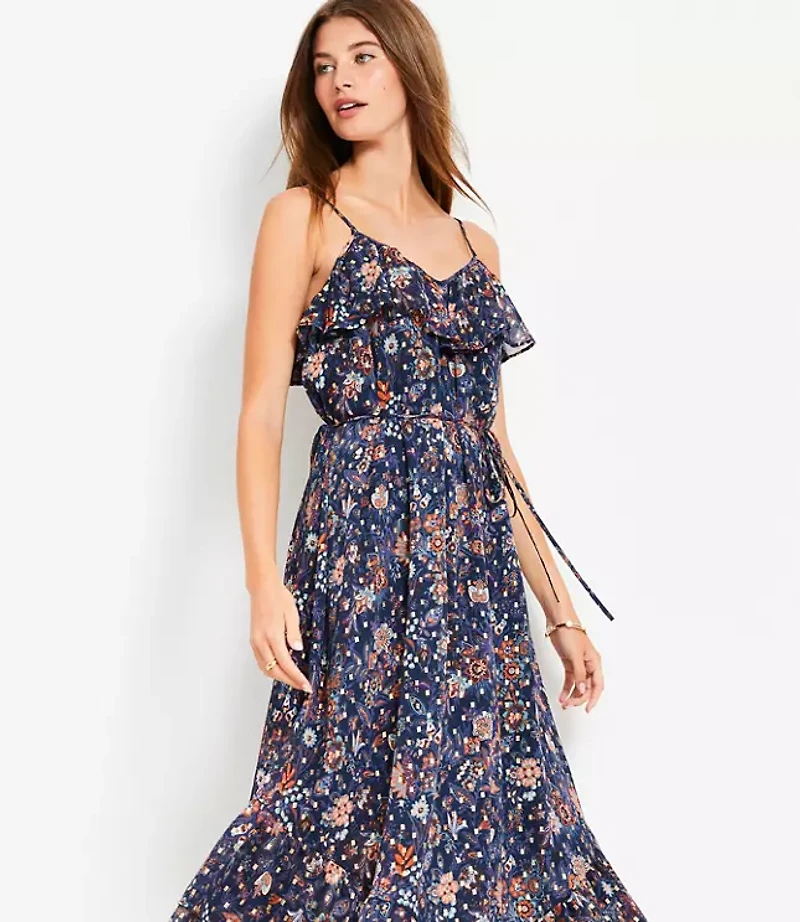 Shimmer Garden Ruffle Midi Dress