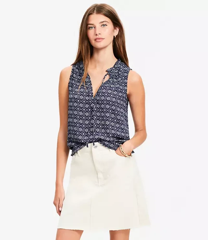 Petite Floral Tile Ruffle Tie Neck Mixed Media Blouse