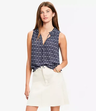 Petite Floral Tile Ruffle Tie Neck Mixed Media Blouse
