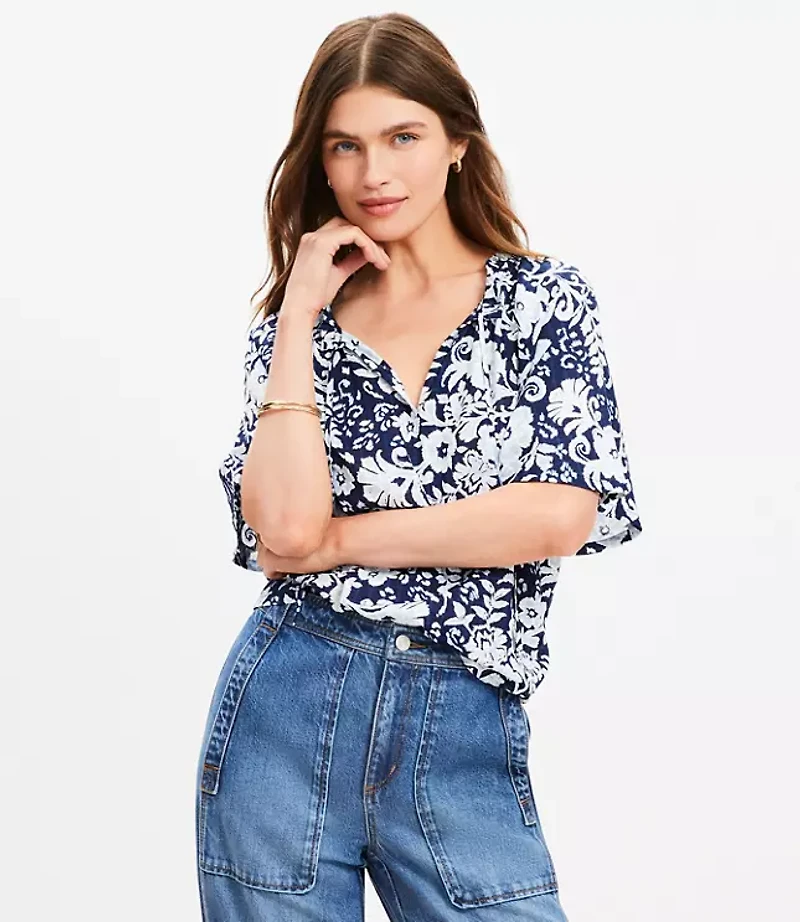 Floral Ruffle Tie Neck Blouse