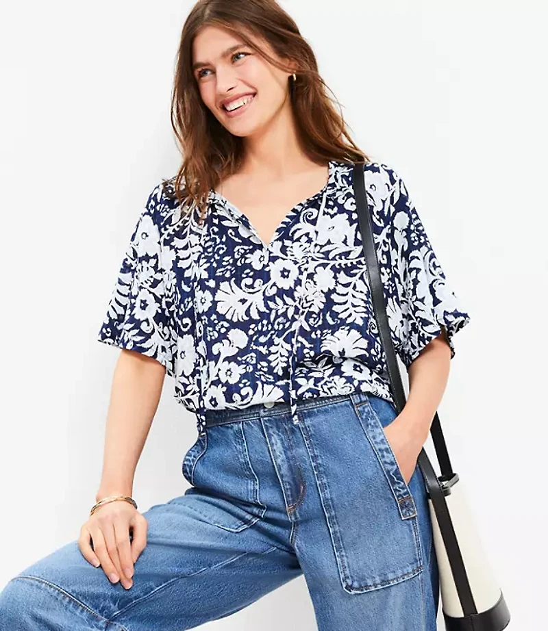 Floral Ruffle Tie Neck Blouse