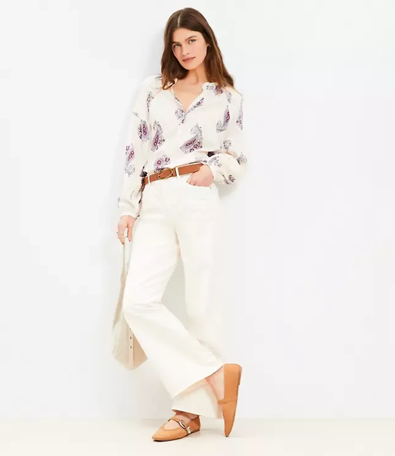 Petite Paisley Draped Sleeve Henley Blouse