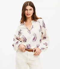 Petite Paisley Draped Sleeve Henley Blouse