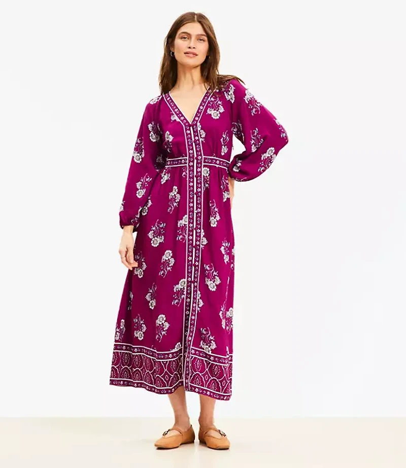 Floral Puff Sleeve Button Midi Dress