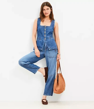 Denim Square Neck Pocket Vest Top in Classic Mid Wash