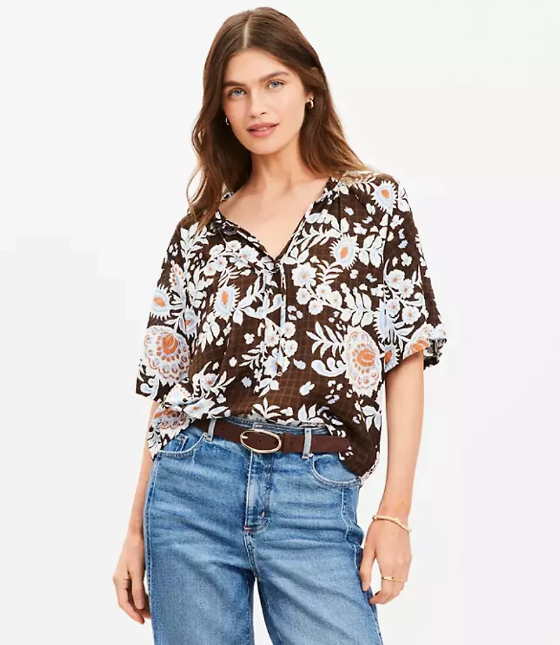 Floral Ruffle Tie Neck Blouse