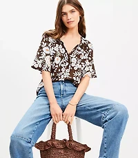 Floral Ruffle Tie Neck Blouse