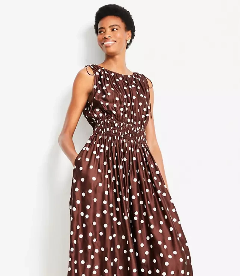 Dotted Satin Shoulder Tie Maxi Dress