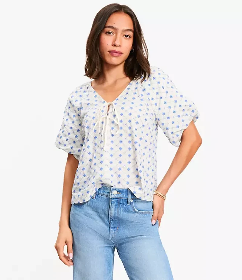Floral Embroidered Bow Blouse