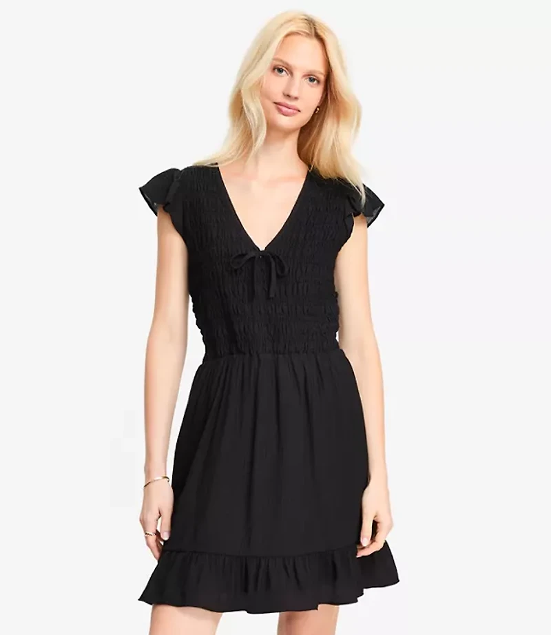 Petite Tie Smocked Mini Pocket Dress