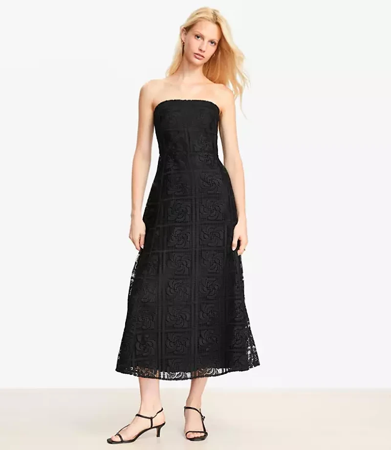 Petite Floral Lace Strapless Midi Pocket Dress