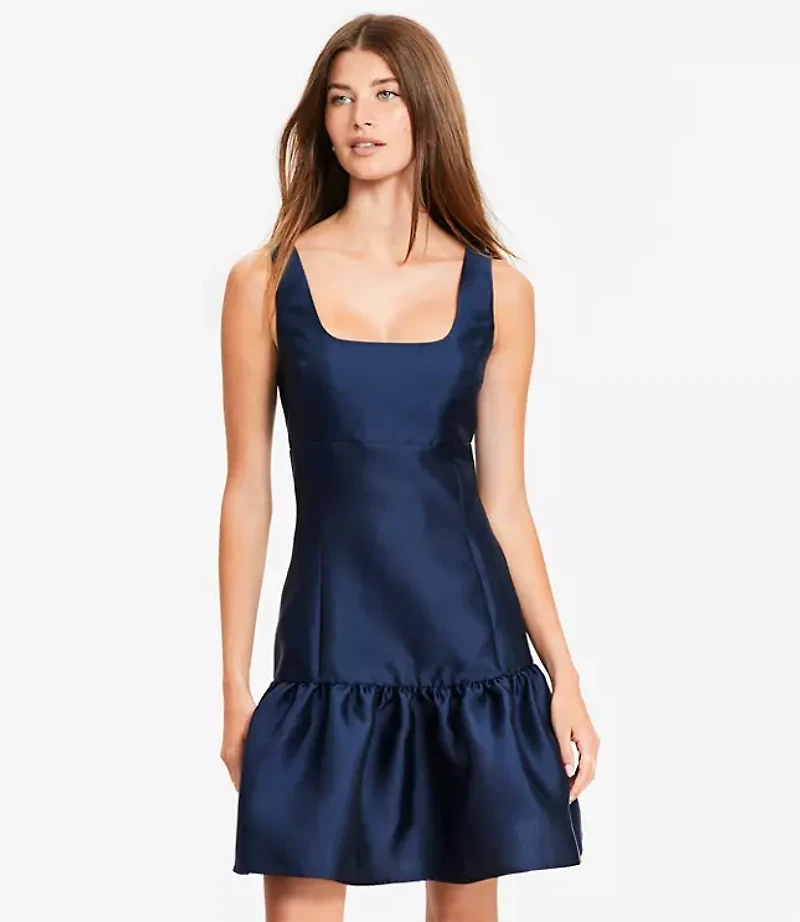 Petite Satin Square Neck Mini Flounce Dress