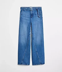 Petite Belted Slim Wide Leg Jeans in Bright Medium Stone Wash