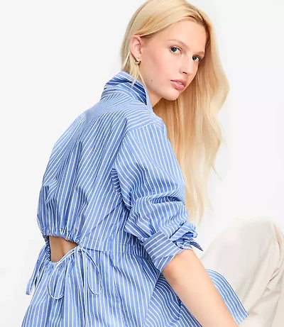 Petite Striped Poplin Cutout Back Tunic Shirt