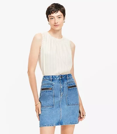 Petite Stripe Ruched Mixed Media Shell
