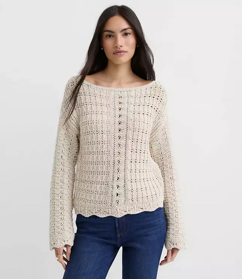 Scalloped Pointelle Boatneck Sweater