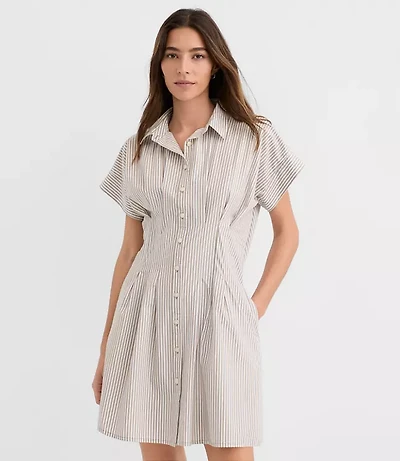 Striped Poplin Pleated Mini Pocket Shirtdress