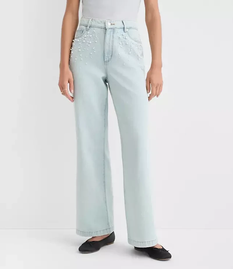 Petite Pearlized High Rise Wide Leg Jeans Light Vintage Indigo Wash