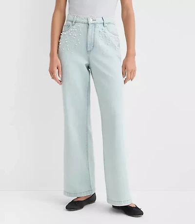 Petite Pearlized High Rise Wide Leg Jeans Light Vintage Indigo Wash