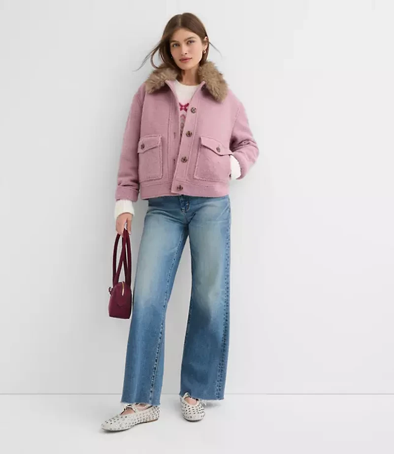 Boucle Faux Fur Collar Shirt Jacket