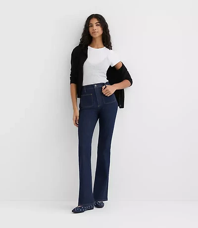 Rivete Patch Pocket High Rise Slim Flare Jeans Classic Rinse Wash