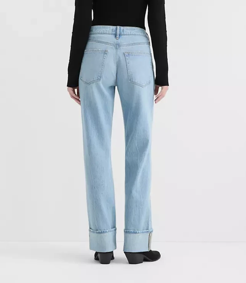 Rivete Petite Curvy Cuffed Mid Rise Relaxed Straight Jeans Light Wash