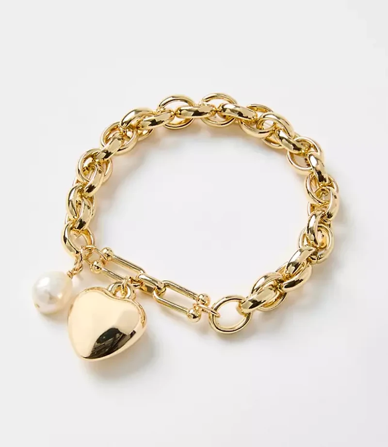 Pearlized Heart Charm Chain Link Stretch Bracelet
