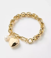 Pearlized Heart Charm Chain Link Stretch Bracelet