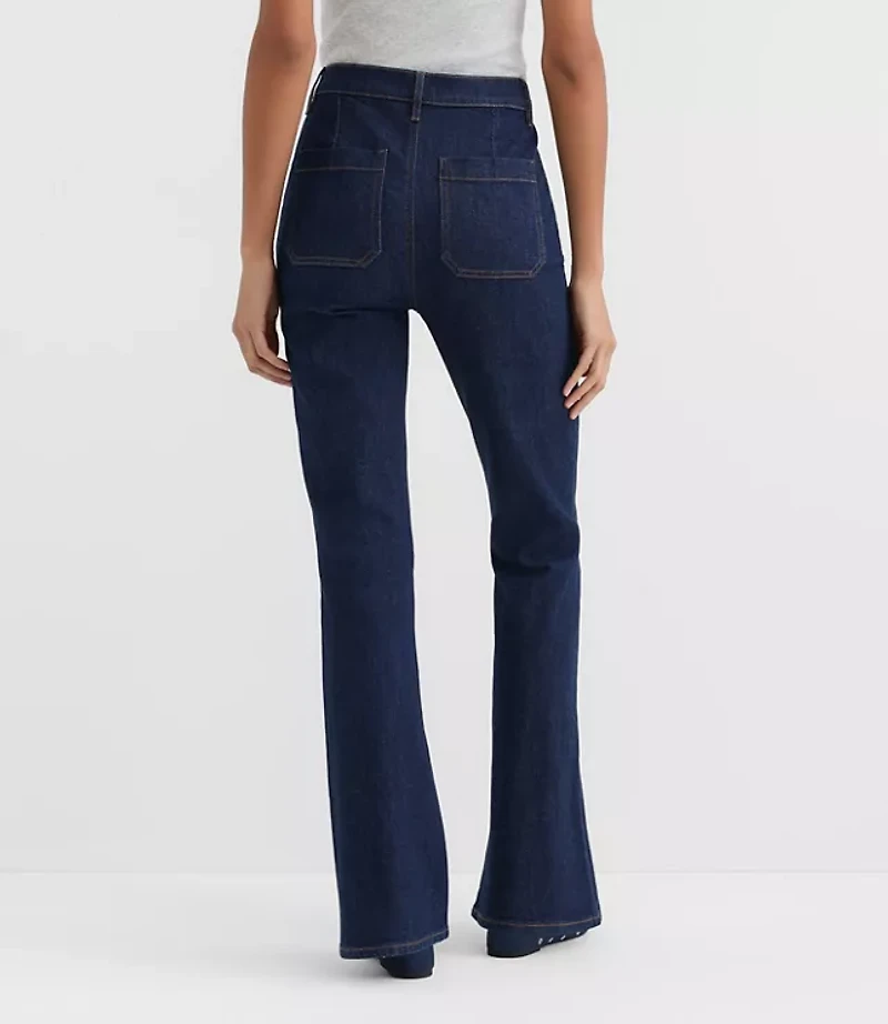 Rivete Petite Curvy Patch Pocket High Rise Slim Flare Jeans Classic Rinse Wash