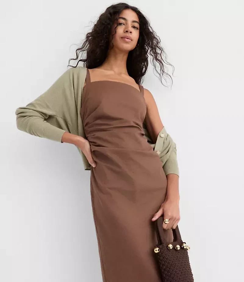 Linen Cotton Ruched Strappy Midi Dress