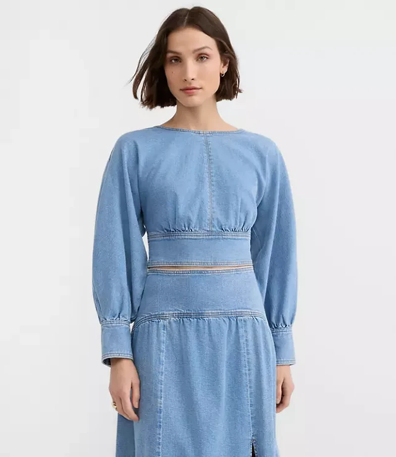 Petite Yoke Denim Blouse Light Wash Indigo