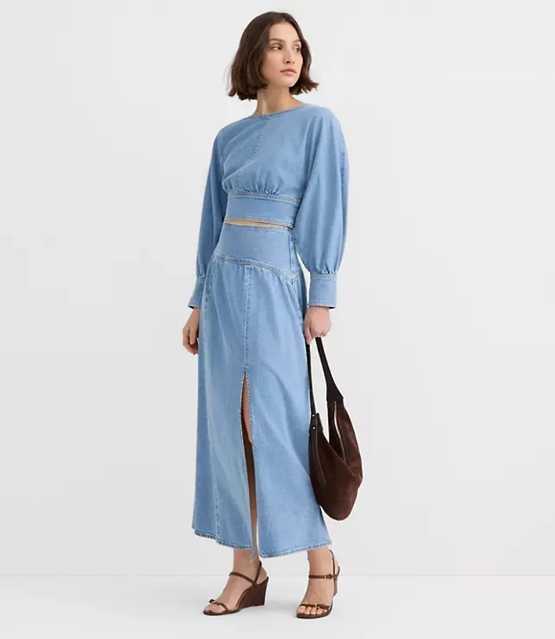 Petite Yoke Denim Blouse Light Wash Indigo