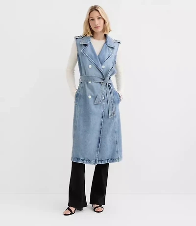 Denim Sleeveless Trench Coat Light Wash