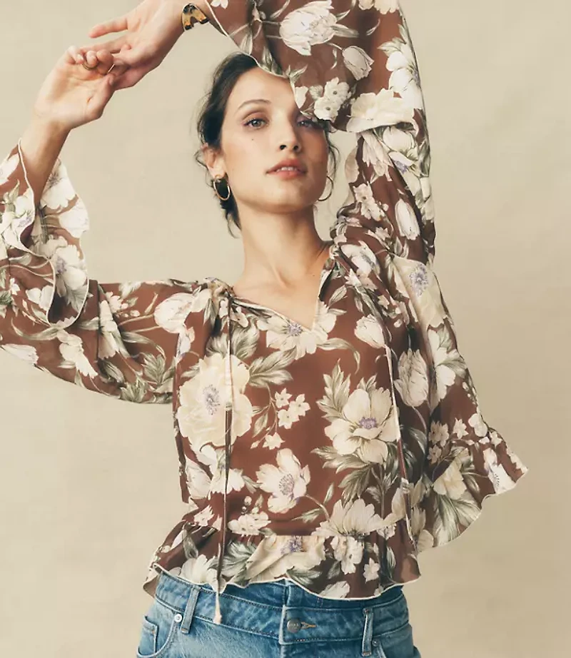 Floral Tie Neck Bell Sleeve Blouse