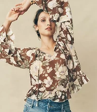 Floral Tie Neck Bell Sleeve Blouse