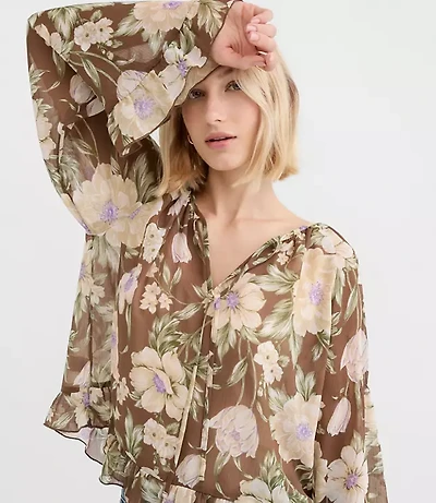 Floral Tie Neck Bell Sleeve Blouse