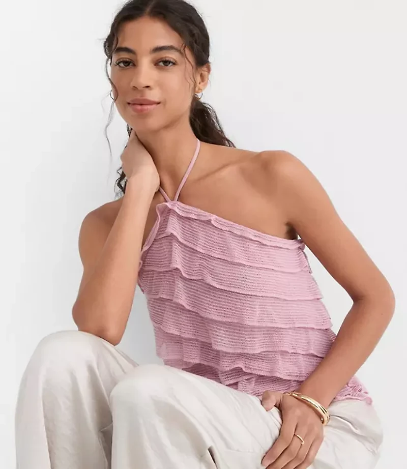 Petite Mesh Ruffle Halter Top