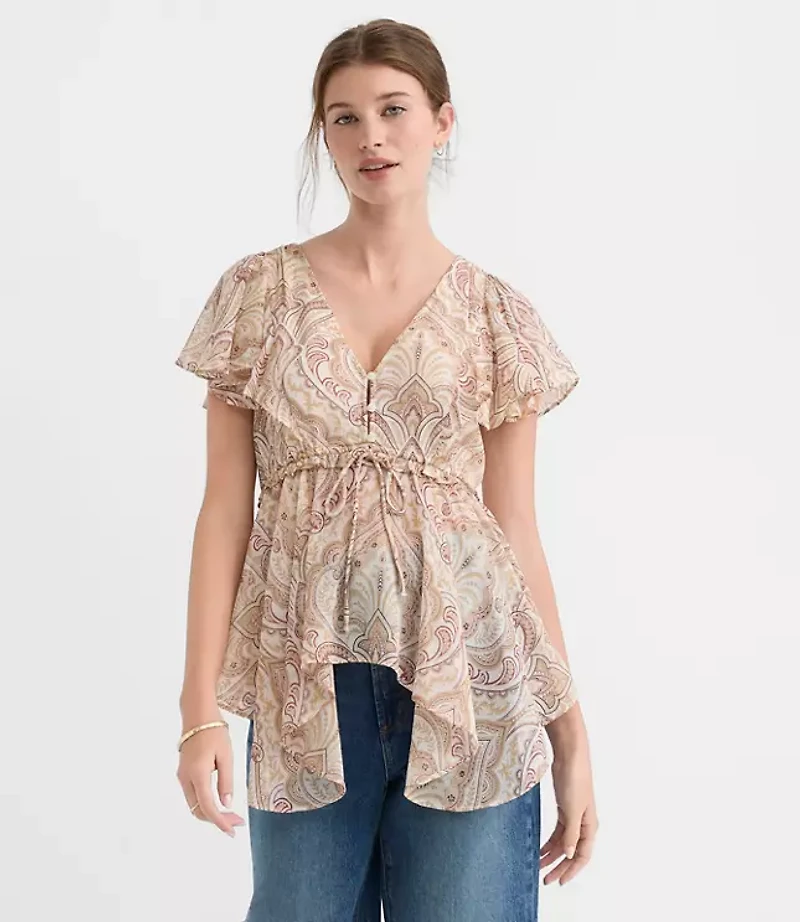Petite Tiled Flutter Tie Waist Blouse