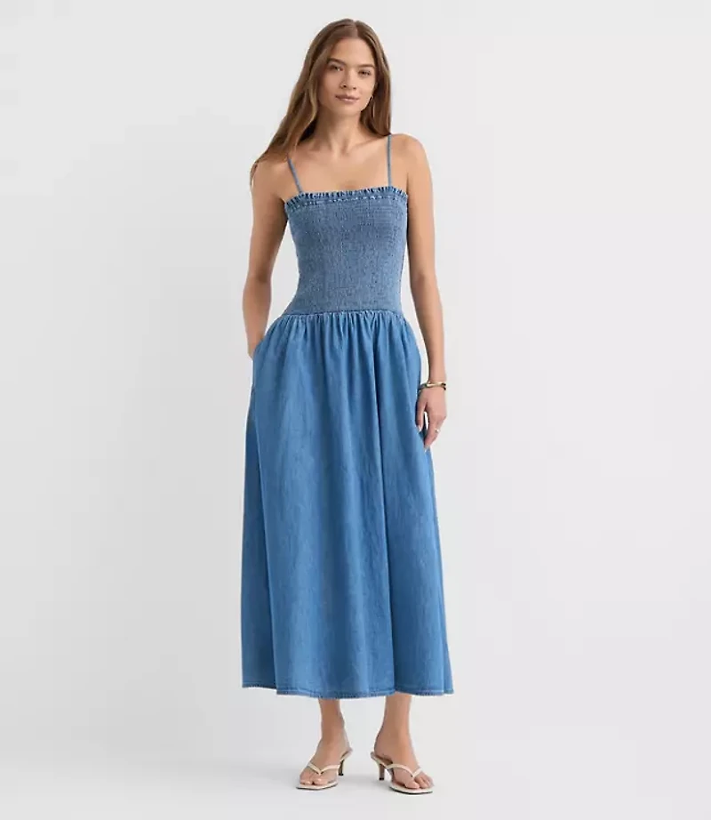 Petite Chambray Smocked Strappy Midi Pocket Dress