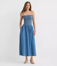 Petite Chambray Smocked Strappy Midi Pocket Dress
