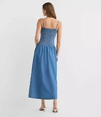 Petite Chambray Smocked Strappy Midi Pocket Dress