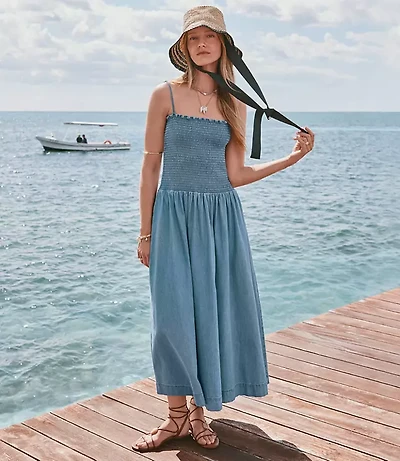 Petite Chambray Smocked Strappy Midi Pocket Dress
