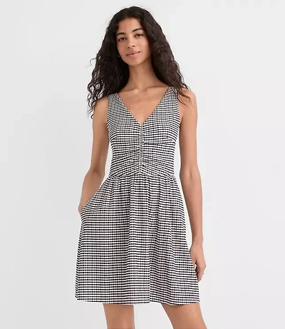 Gingham Ruched Mini Pocket Dress