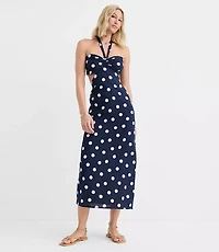 Petite LOFT Beach Polka Dot Linen Cotton Cutout Halter Maxi Dress