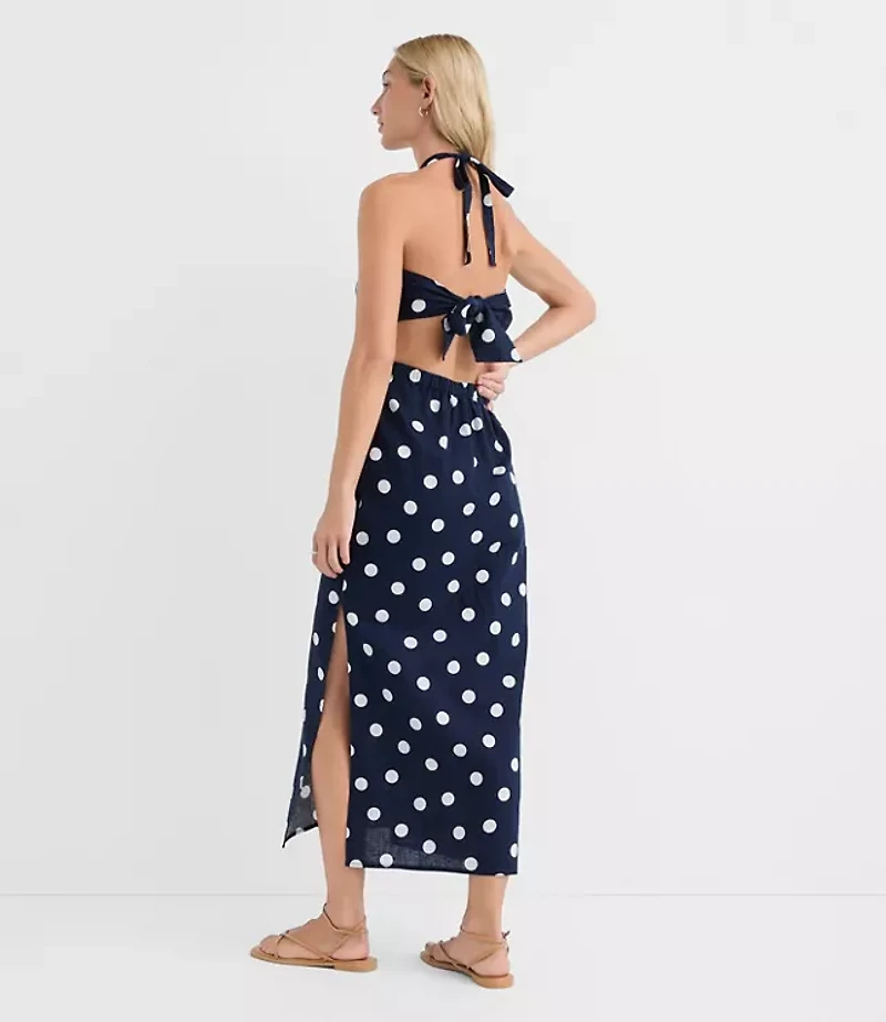 Petite LOFT Beach Polka Dot Linen Cotton Cutout Halter Maxi Dress