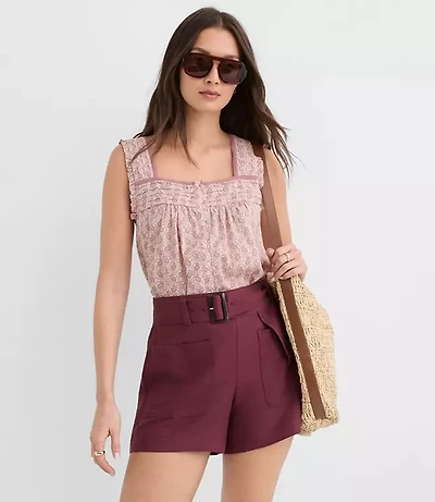 Belted Patch Pocket Shorts Linen Blend