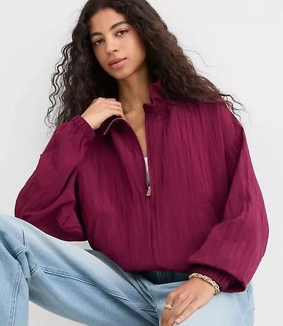 Petite Ruffle Collar Bomber Jacket