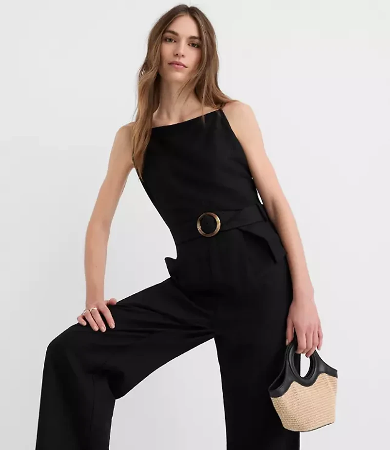 Petite Linen Blend Belted Jumpsuit