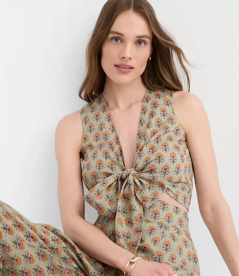 Petite LOFT Beach Garden Linen Cotton Tie Front Top