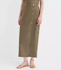 Petite Linen Cotton Button Trim Midi Skirt